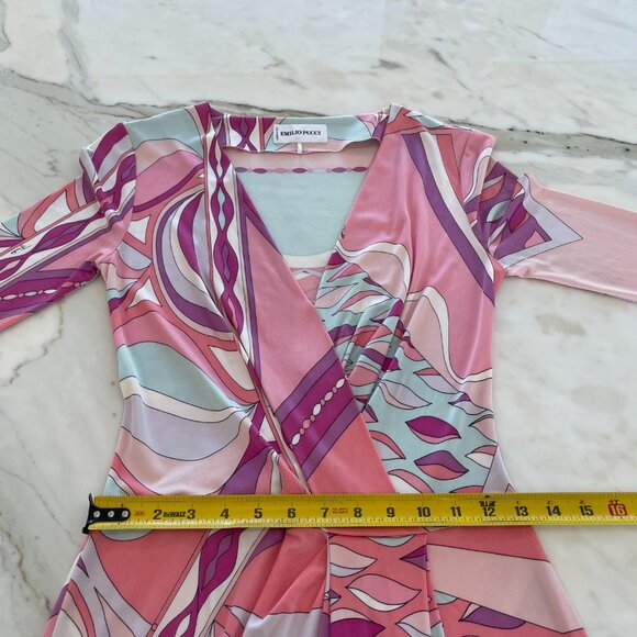 EMILIO PUCCI PINK MULTI FAUX WRAP BELTED DRESS SIZE IT 42 / US 8 - Picture 9 of 14